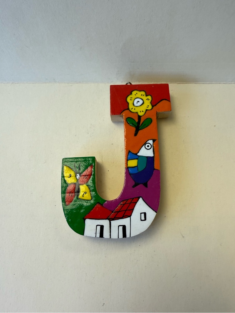 La Palma Folk Art El Salvador Hand Painted Floral & Bird Design Wood Letter J
